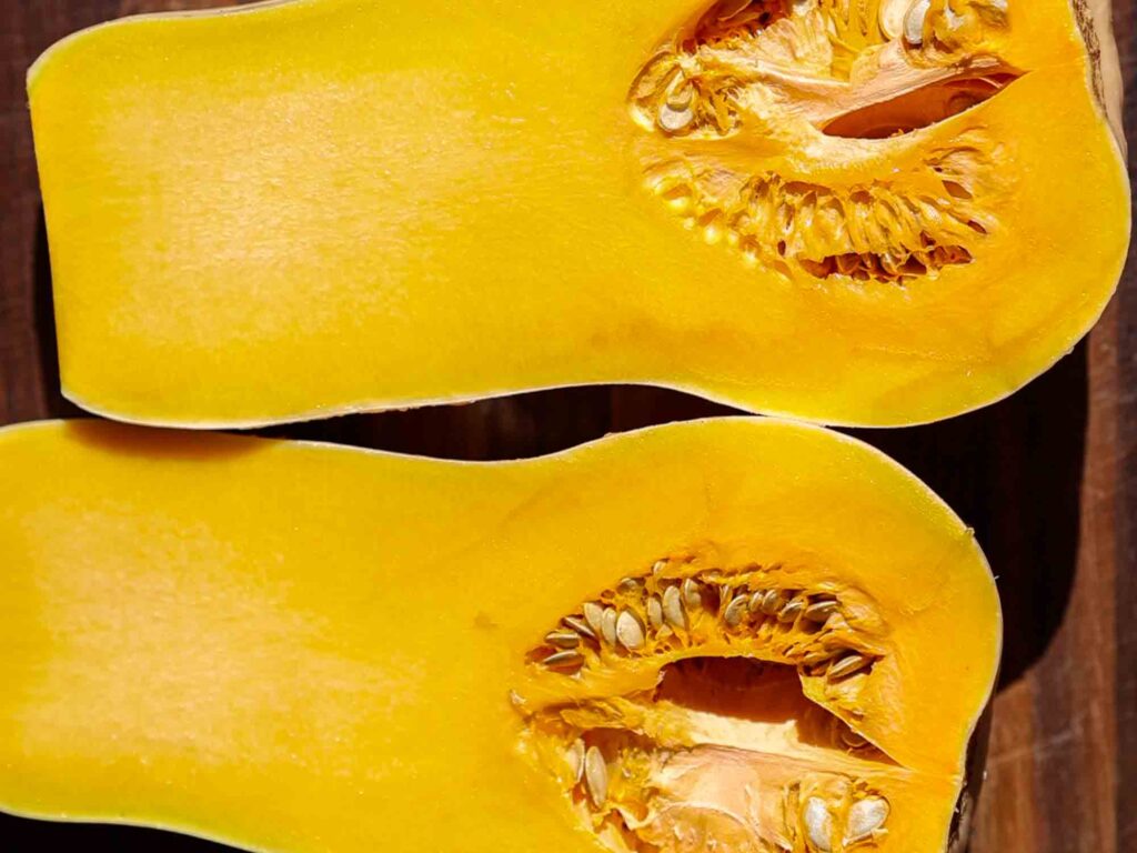 close up shot of butternut squash cut in half